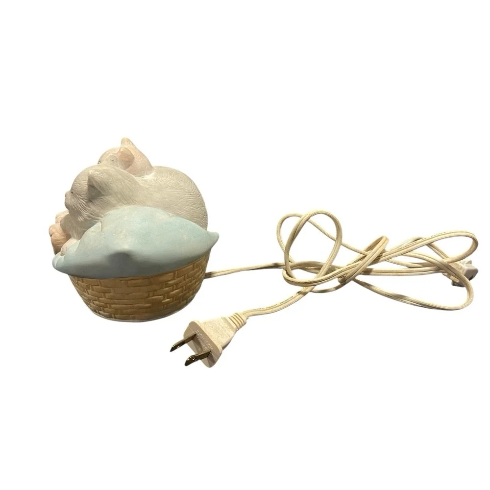 Vintage Ceramic Cat In Bed With Bear Light Cottagecore Small Table Lamp Works